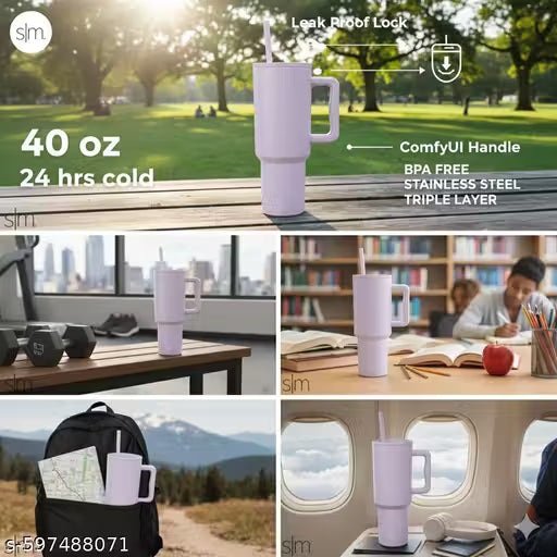 Premium 1200ml Stainless Steel Insulated Tumbler with Straw & Spill-Proof Lid  | Trendy Travel Mug