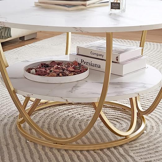 2 Tier Marble Top Coffee Table for Living Room