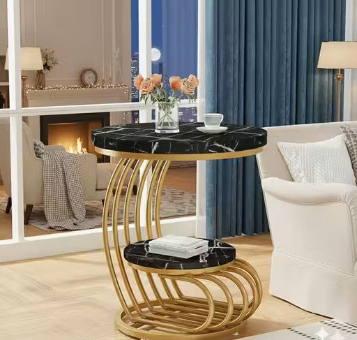 Modern Round Side Table with Golden Metal Frame & White Marble Top | Luxury Coffee Table