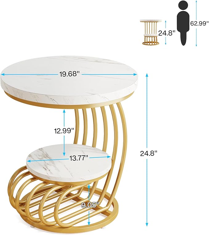 Modern Round Side Table with Golden Metal Frame & White Marble Top | Luxury Coffee Table