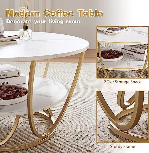2 Tier Marble Top Coffee Table for Living Room