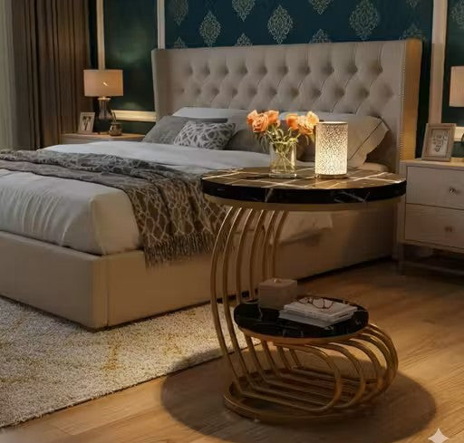 Modern Round Side Table with Golden Metal Frame & White Marble Top | Luxury Coffee Table