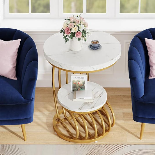Modern Round Side Table with Golden Metal Frame & White Marble Top | Luxury Coffee Table