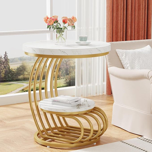 Modern Round Side Table with Golden Metal Frame & White Marble Top | Luxury Coffee Table
