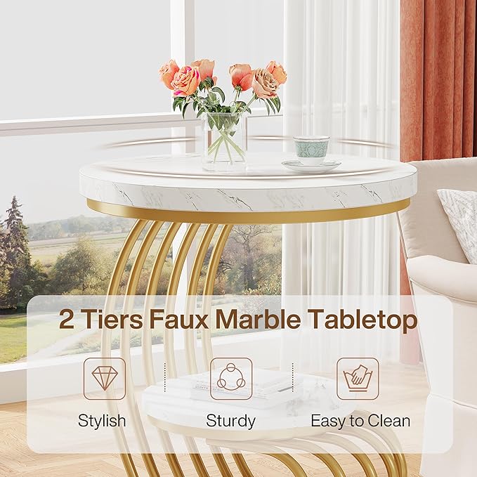 Modern Round Side Table with Golden Metal Frame & White Marble Top | Luxury Coffee Table