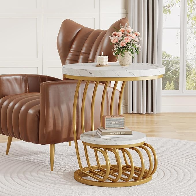 Modern Round Side Table with Golden Metal Frame & White Marble Top | Luxury Coffee Table