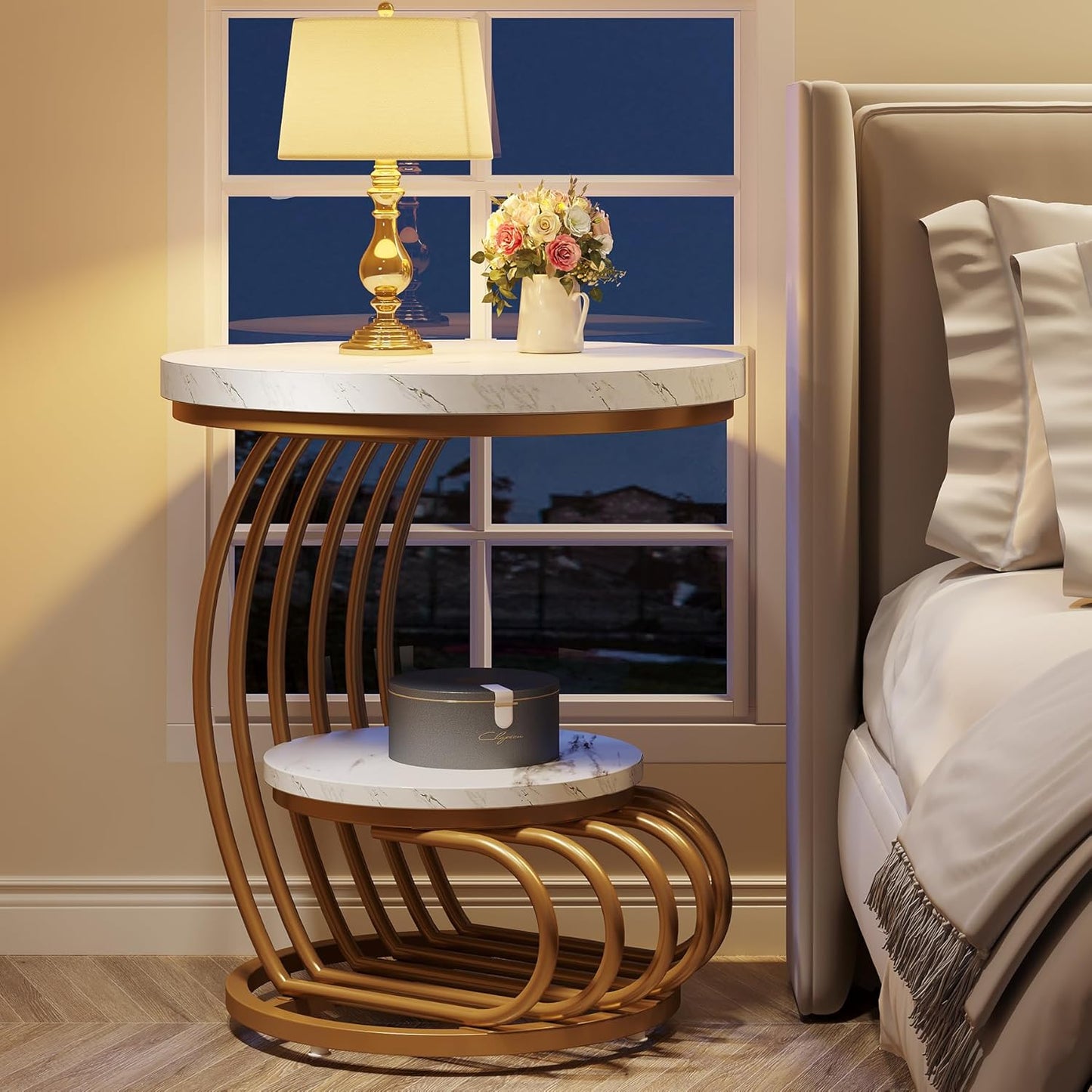 Modern Round Side Table with Golden Metal Frame & White Marble Top | Luxury Coffee Table