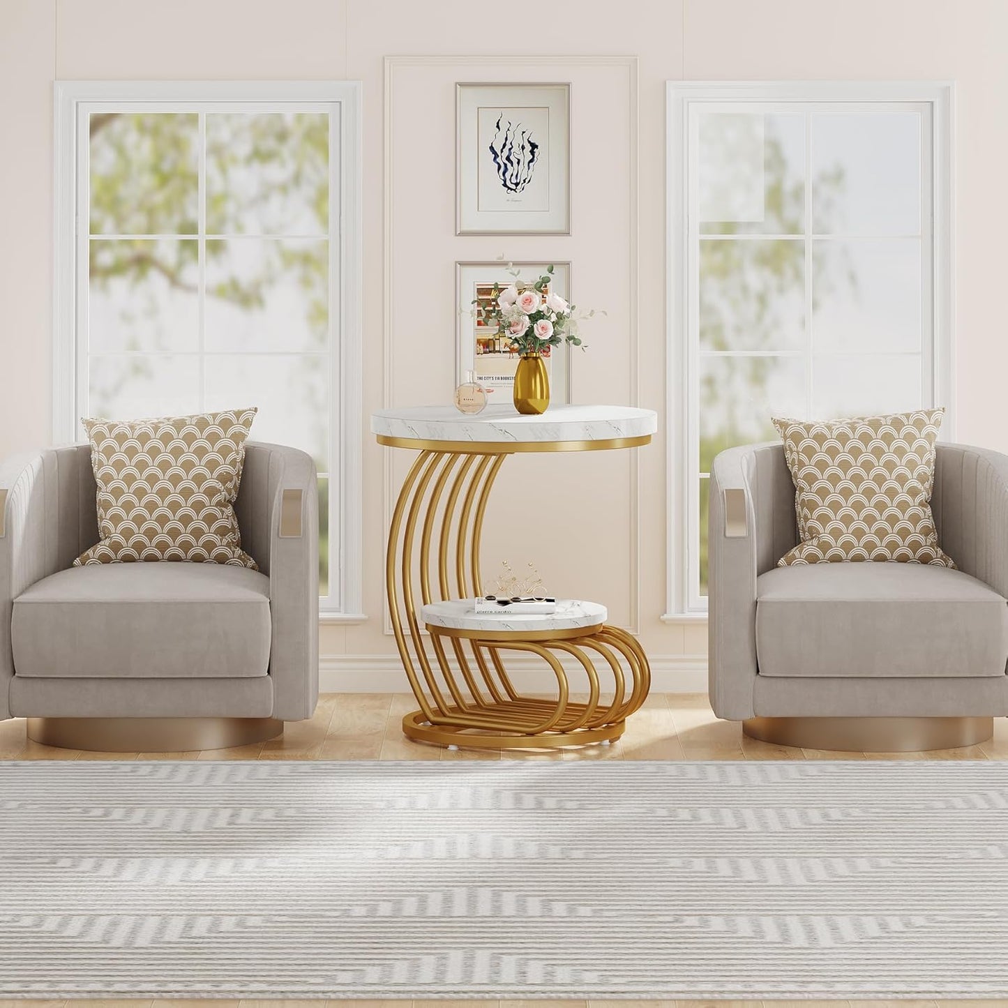 Modern Round Side Table with Golden Metal Frame & White Marble Top | Luxury Coffee Table