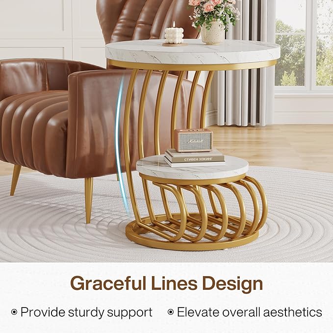 Modern Round Side Table with Golden Metal Frame & White Marble Top | Luxury Coffee Table