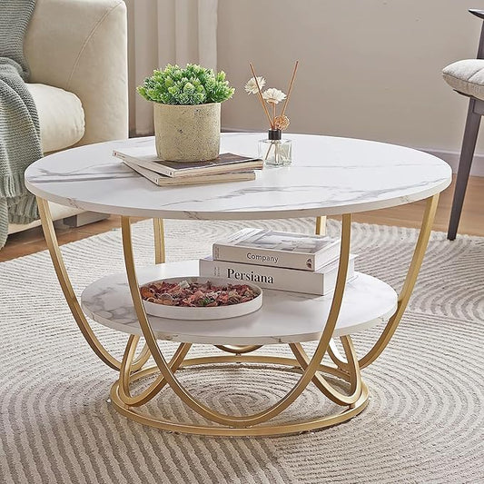 2 Tier Marble Top Coffee Table for Living Room