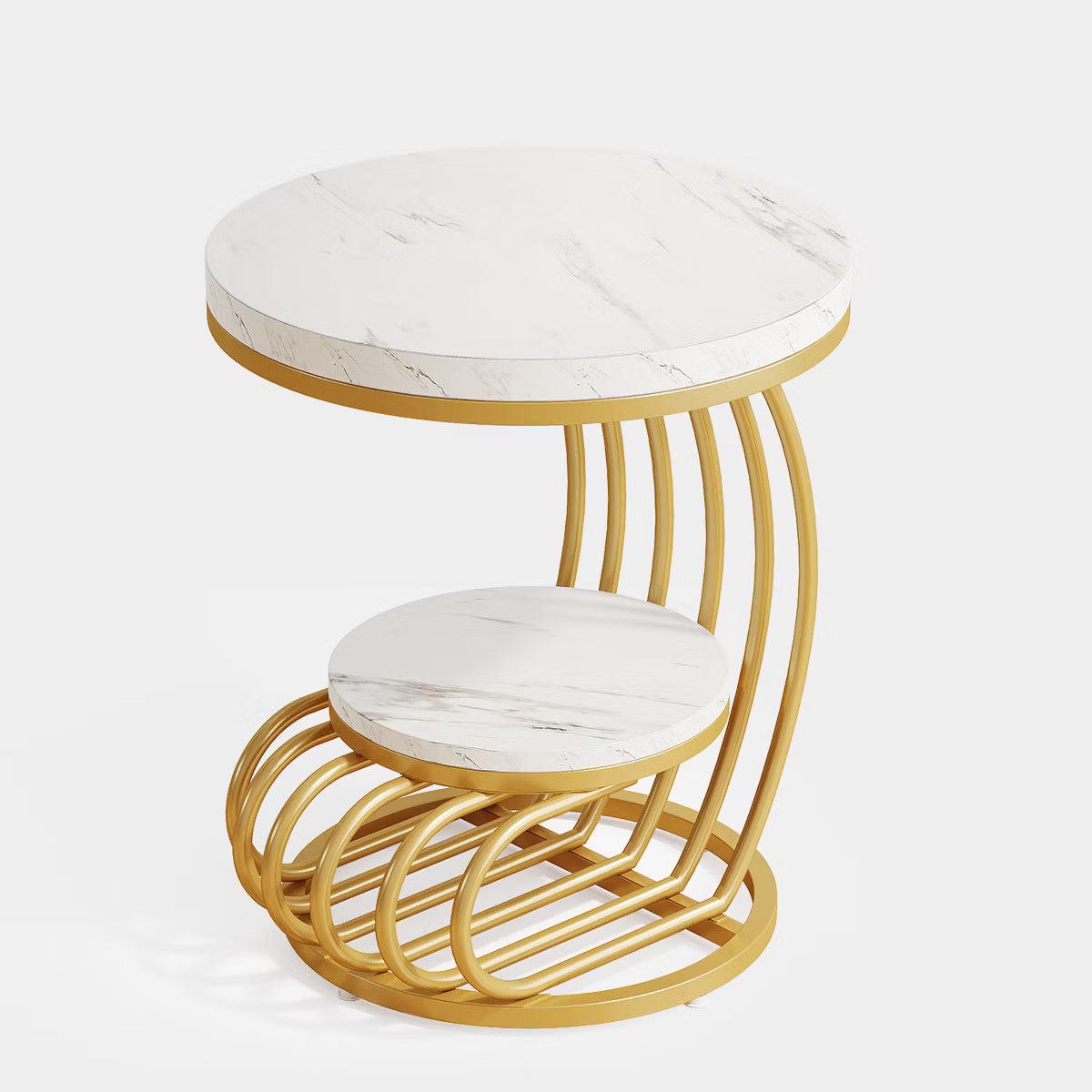 Modern Round Side Table with Golden Metal Frame & White Marble Top | Luxury Coffee Table