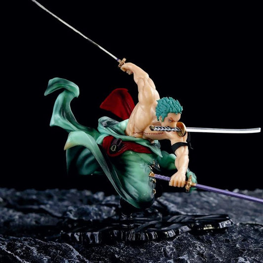 Premium One Piece Roronoa Zoro action figure — dynamic three-sword stance collectible statue with green outfit and detailed base, perfect for anime fans, gift collections, and display decor.