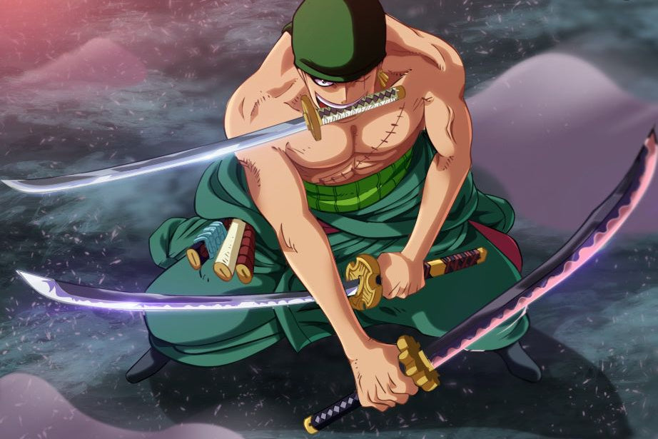 Roronoa Zoro in intense three-sword style battle stance from One Piece anime, showcasing muscular build, green outfit, and powerful katana blades glowing with energy on a dramatic battlefield.