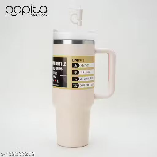 Trendy 1200 ml stainless steel tumbler with handle, straw, and leak-proof lid — perfect travel mug for hot and cold drinks, ideal as a stylish gift or birthday present.