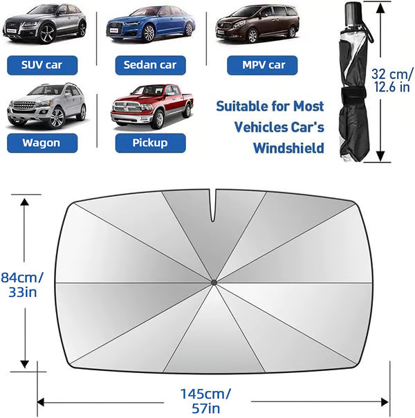 Car windshield sunshade with dimensions and compatibility for different types of vehicles.