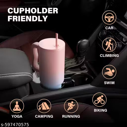 Elegant pink and blue gradient stainless steel tumbler with handle and straw, featuring a sleek insulated design — ideal for hot and cold beverages.