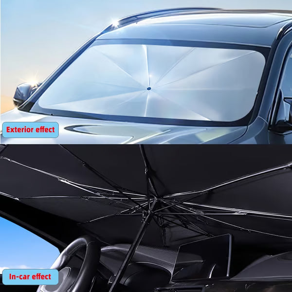 Car sunshade with exterior and interior effects shown on a vehicle.