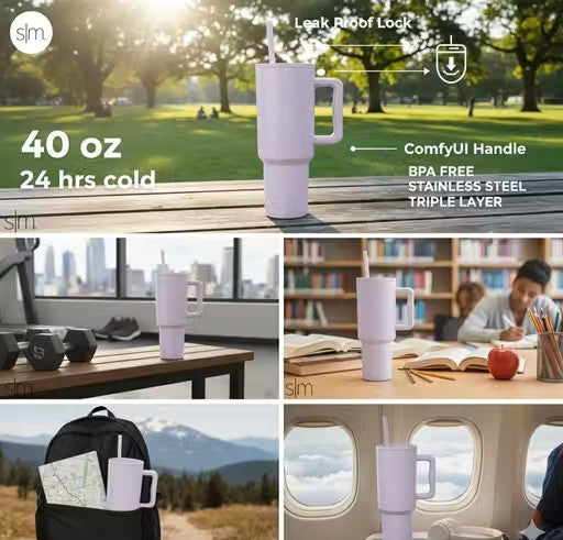 Premium 1200ml Stainless Steel Insulated Tumbler with Straw & Spill-Proof Lid | Trendy Travel Mug