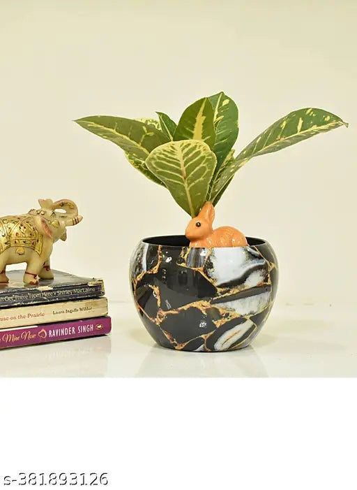 lack Marble Metal Pot with Stand - Indoor & Outdoor Decor