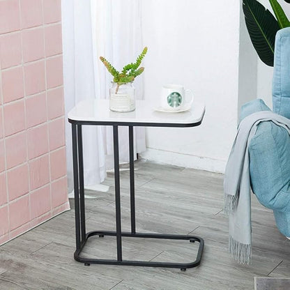 Metal Frame Coffee Table | C-Shape End Table with Marble Look Top