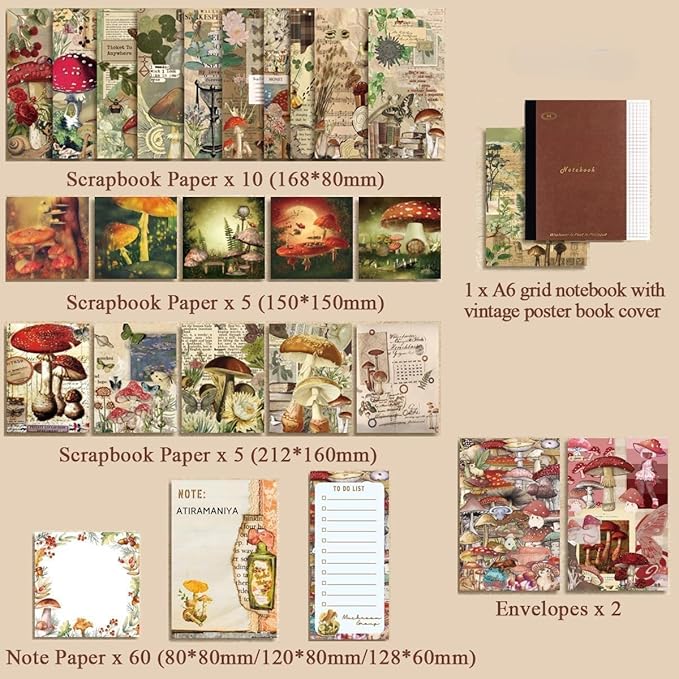 346 Pcs Mushroom Scrapbook Kit – A6 Grid Notebook