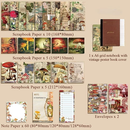 346 Pcs Mushroom Scrapbook Kit – A6 Grid Notebook