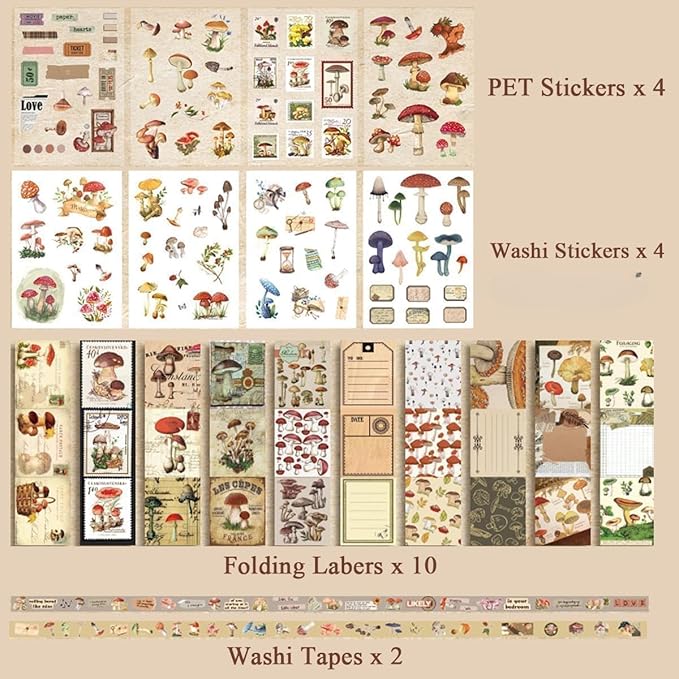 346 Pcs Mushroom Scrapbook Kit – A6 Grid Notebook