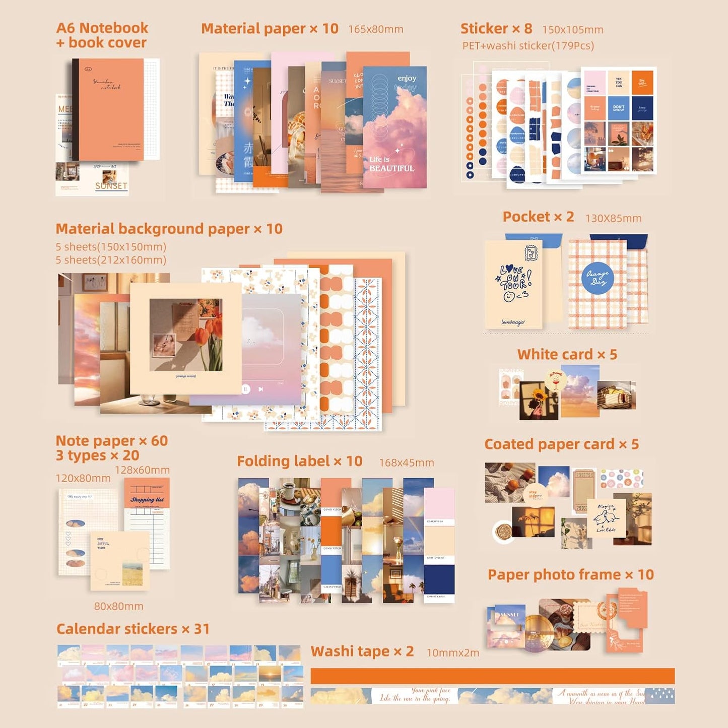 346 Pcs Paper Junk Journal & Scrapbook Kit – Until Sunset (Orange)