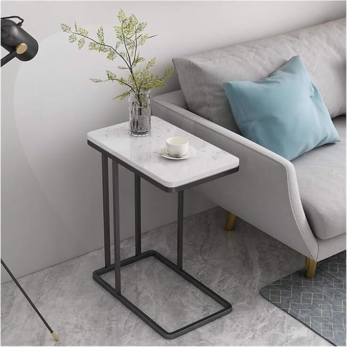 Metal Frame Coffee Table | C-Shape End Table with Marble Look Top