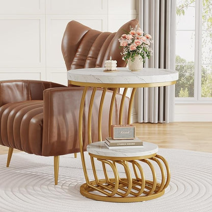 Modern Round Side Table with Golden Metal Frame & White Marble Top | Luxury Coffee Table