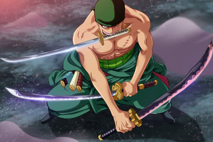 Roronoa Zoro in intense three-sword style battle stance from One Piece anime, showcasing muscular build, green outfit, and powerful katana blades glowing with energy on a dramatic battlefield.