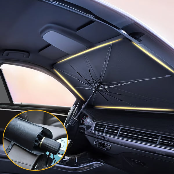 Car interior with a black umbrella inside, showing a close-up of the umbrella handle.
