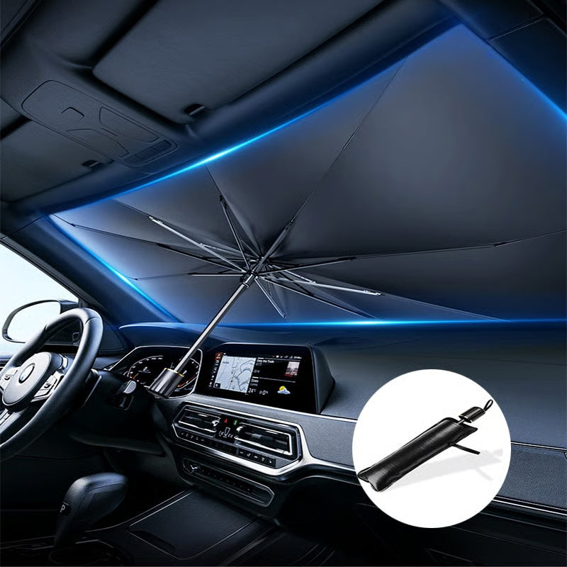 Car interior with an umbrella and close-up of an umbrella shaft.