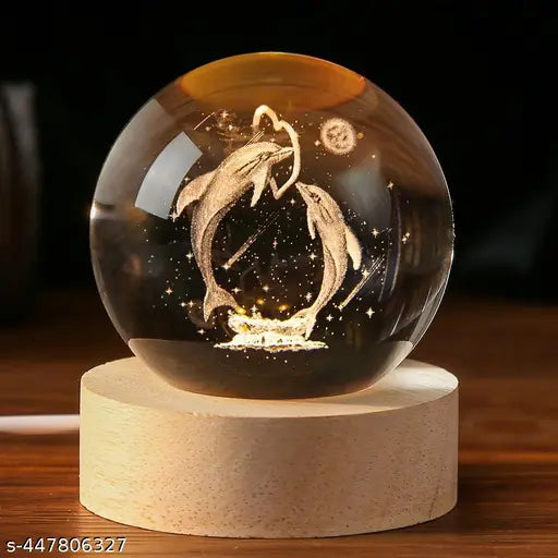 3D Laser Engraved Dolphin Crystal Ball with LED Night Lamp