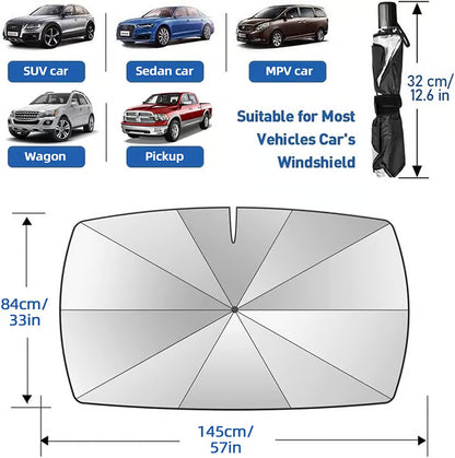 Car windshield sunshade with dimensions and compatibility for different types of vehicles.