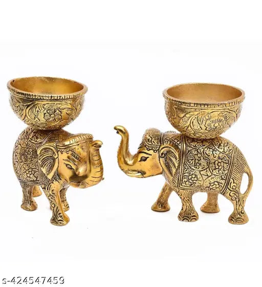 Set of 2 Golden Elephant Decorative Showpieces with Dry Fruit Bowls for Home Décor