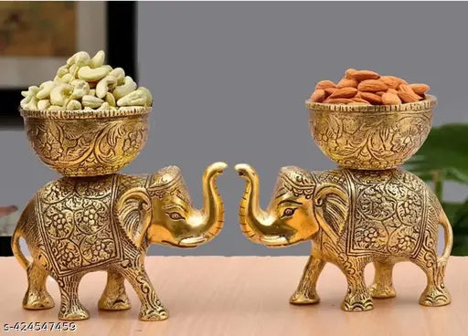 Set of 2 Golden Elephant Decorative Showpieces with Dry Fruit Bowls for Home Décor