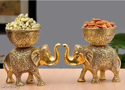 Set of 2 Golden Elephant Decorative Showpieces with Dry Fruit Bowls for Home Décor