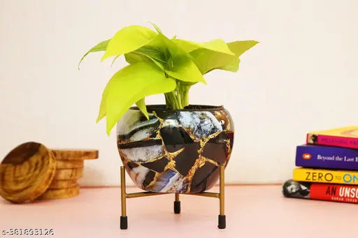 lack Marble Metal Pot with Stand - Indoor & Outdoor Decor