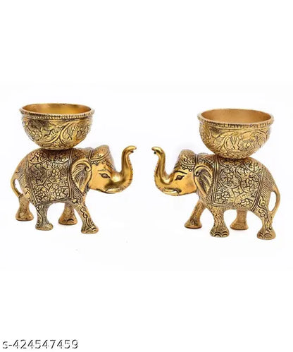 Set of 2 Golden Elephant Decorative Showpieces with Dry Fruit Bowls for Home Décor