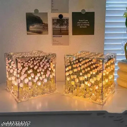 Tulip Cube Mirror Lamp with 20 LED Tulips – 2-in-1 Decorative Light for Home & Gifting