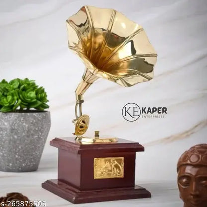Vintage Wooden Brass Gramophone Showpiece