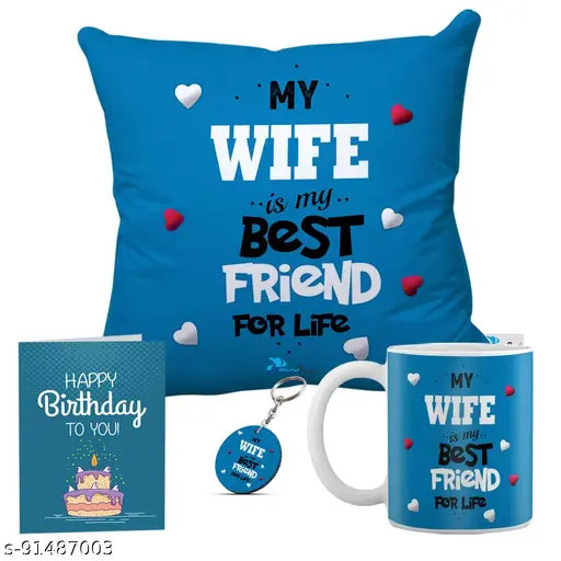 Birthday Gift Combo for Wife – Cushion Cover, Coffee Mug, Greeting Card, and Keyring