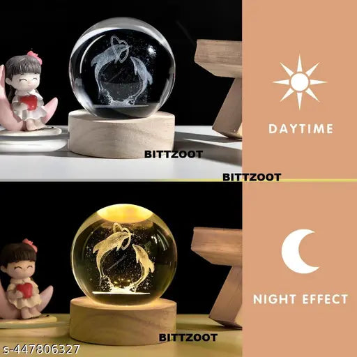 3D Laser Engraved Dolphin Crystal Ball with LED Night Lamp