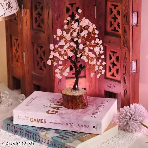 Crystal Rose Quartz Tree with 100 Beads and Gold Wire