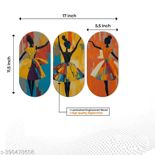 Abstract Art Dancers Wooden Wall Hanging Set – Modern MDF Wall Décor for Home & Gifts (Set of 3)