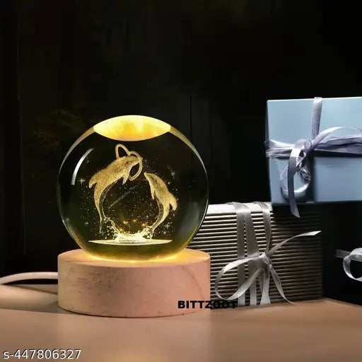 3D Laser Engraved Dolphin Crystal Ball with LED Night Lamp