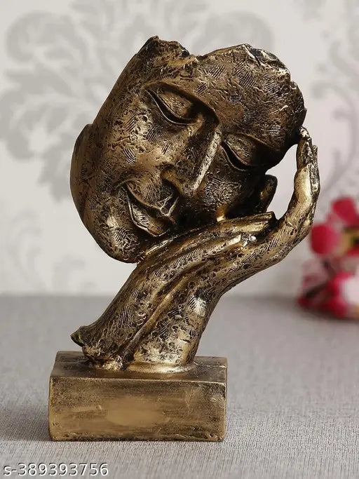 Antique Human Face Resting On Hands Polyresin Figurine – Gold