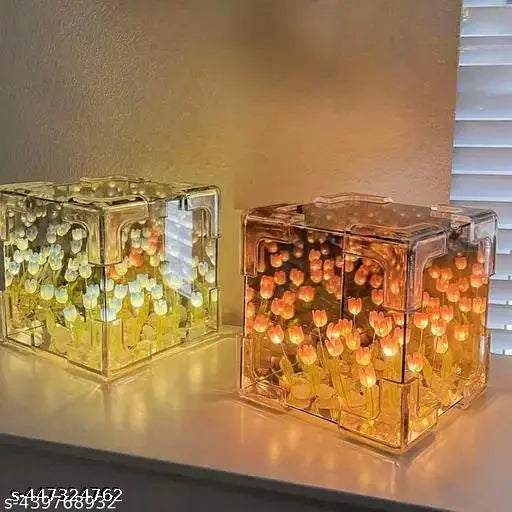 Tulip Cube Mirror Lamp with 20 LED Tulips – 2-in-1 Decorative Light for Home & Gifting