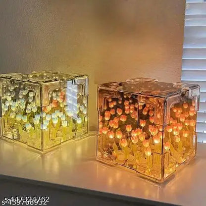 Tulip Cube Mirror Lamp with 20 LED Tulips – 2-in-1 Decorative Light for Home & Gifting
